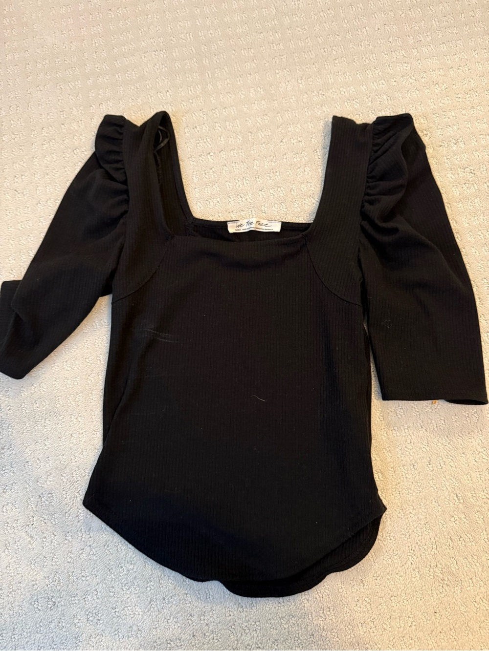 We The Free Black Square Neck Ribbed Top with Puff Shoulders